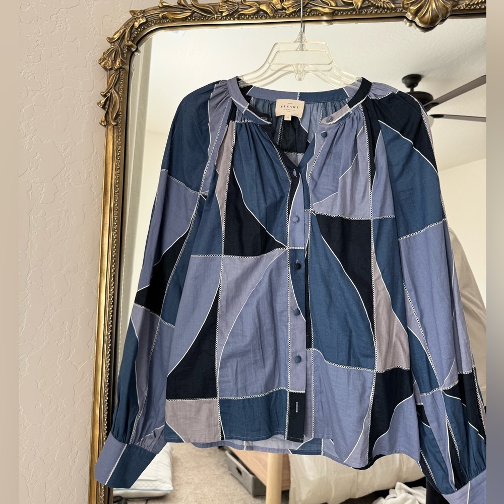 Sezane patch work button up long sleeve blouse - image 1